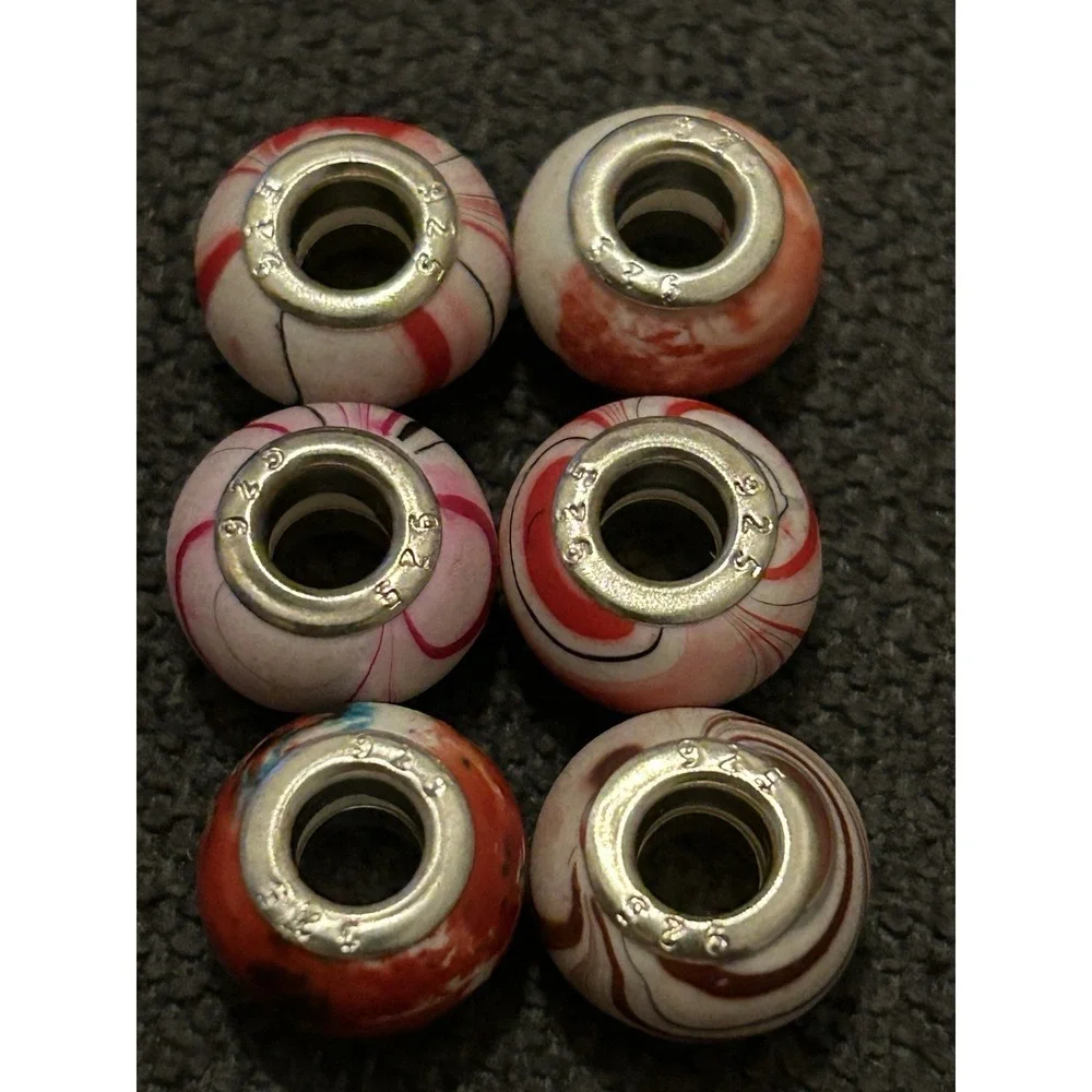Lot of 6 Sterling Silver Core Bracelet Charm Beads Lampwork Glass Style 925 9